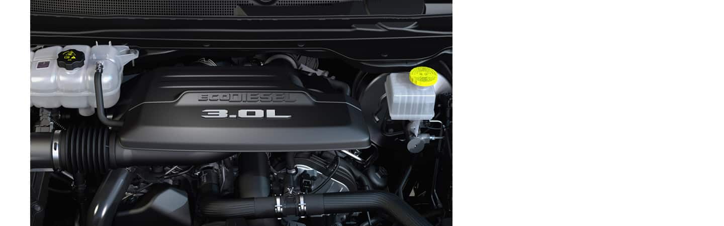 A close-up of the 3.0L Ecodiesel engine in the 2023 Ram 1500.
